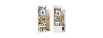 Two images of a small apartment layout with a living room, kitchen, and bathroom.