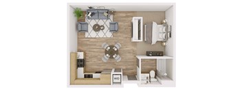 A top-down view of a modern living room with a sofa set, coffee table, and kitchen area.