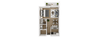 A 3D floor plan of a small apartment with a kitchen, living room, and bathroom.