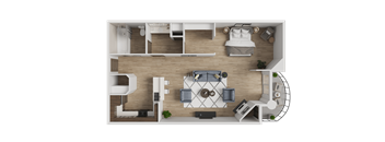 A top-down view of a modern living room with a sofa set, coffee table, and a television.