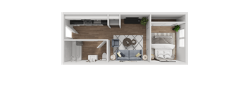 A modern, minimalist bedroom with a bed, nightstand, and a desk area.