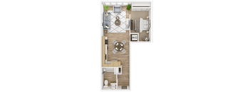 A top-down view of a small apartment layout with a kitchen, living room, and bathroom.