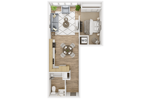 A top-down view of a small apartment layout with a kitchen, living room, and bathroom.