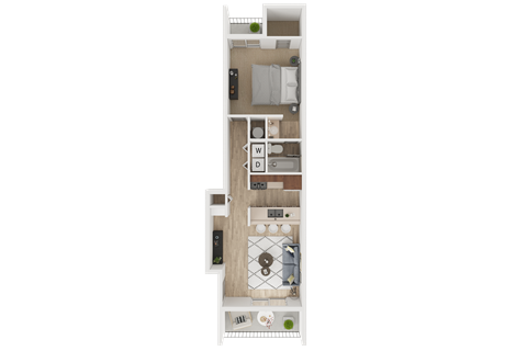 A floor plan of a room with a kitchen area, a living room, a bedroom, and a bathroom.
