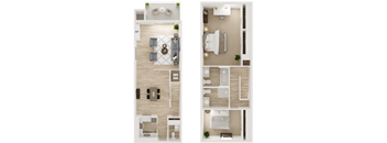 a floor plan of a 2 bedroom, two story townhome apartment