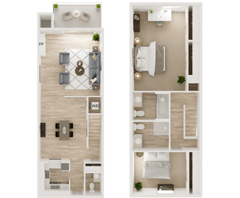 a floor plan of a 2 bedroom, two story townhome apartment
