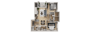 A top-down view of a house layout with a living room, kitchen, dining area, and bedrooms.