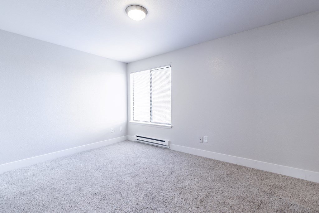 a bedroom with white walls and carpet
