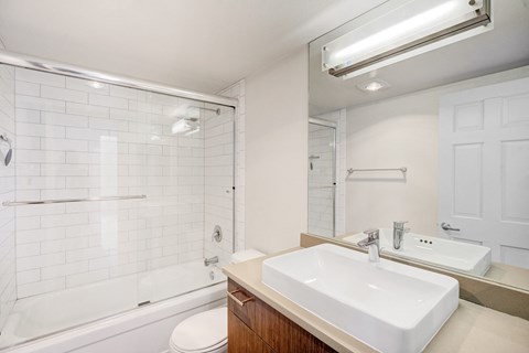 a bathroom with a sink and a shower and a toilet