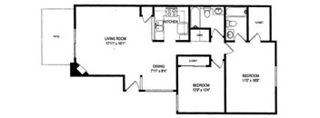 A floor plan of a house with a living room, dining room, kitchen, and three bedrooms.