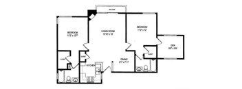A floor plan of a house with a living room, dining room, kitchen, and three bedrooms.