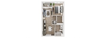 a stylized floor plan with a bedroom and a living room