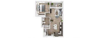 a stylized floor plan with a bedroom and a living room