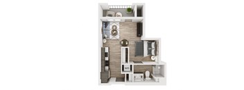 a stylized floor plan with a bedroom and a living room