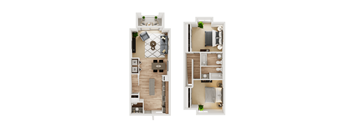 two different floor plans of a house with furniture and aliving room