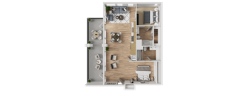 A top-down view of a house layout with a living room, dining area, kitchen, and bedrooms.