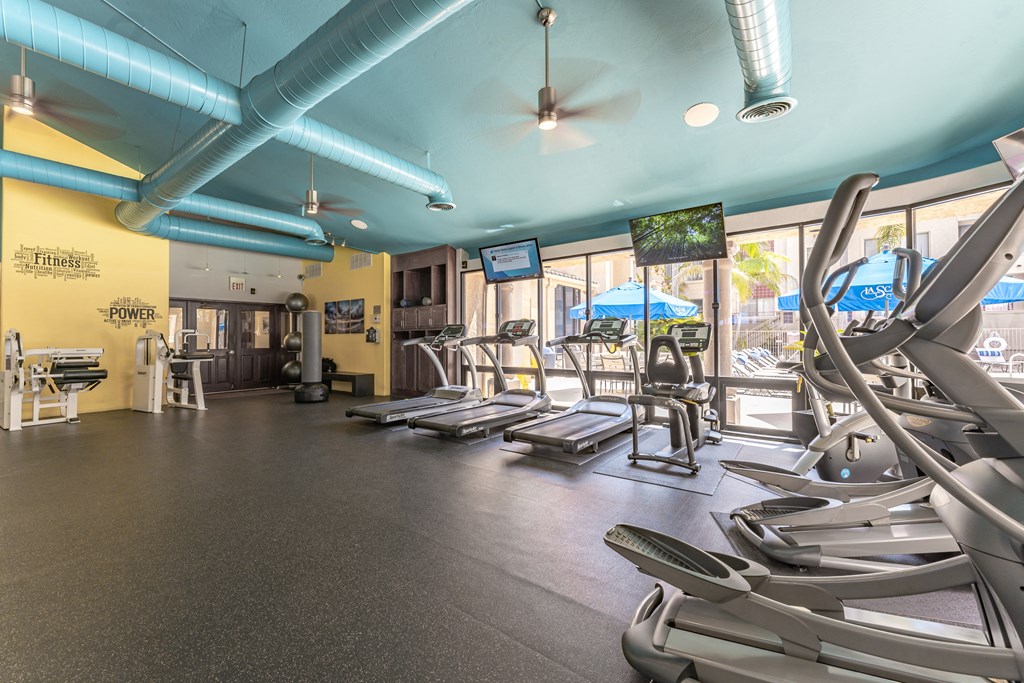 a large fitness room with cardio equipment and a large window