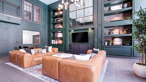 A living room with a brown leather couch and a grey sofa.