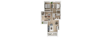 A floor plan of a small apartment with a kitchen, living room, and bathroom.