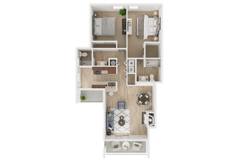 A floor plan of a small apartment with a kitchen, living room, and bathroom.