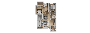 A top-down view of a small apartment layout with labeled rooms.