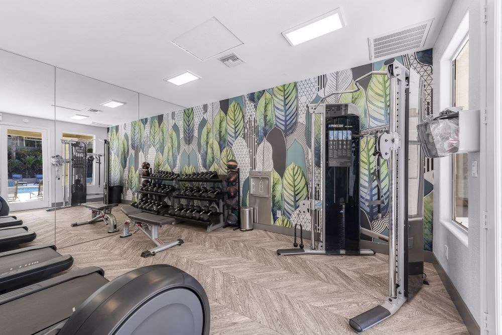 A gym with treadmills, elliptical machines, and a wall with a leafy mural.