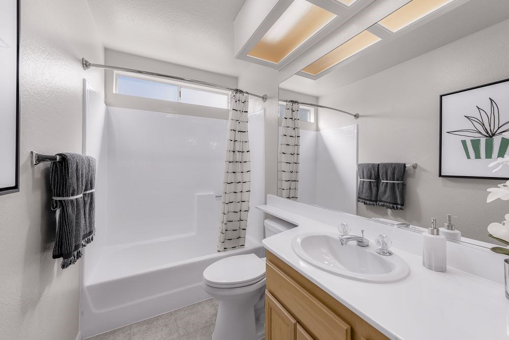 A white bathroom with a toilet, sink, and shower.