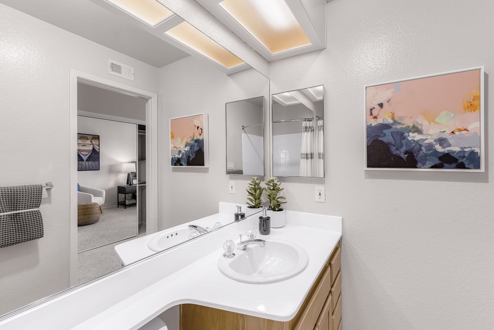 A bathroom with a white countertop and a large mirror.