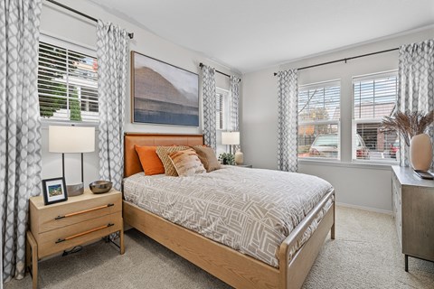 a bedroom with a bed and two windows