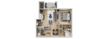 A top-down view of a house layout with a living room, kitchen, and bedrooms.