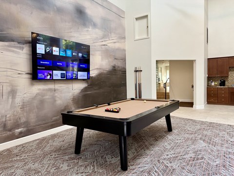 A pool table with a television above it.