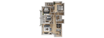 A 3D floor plan of a house layout.