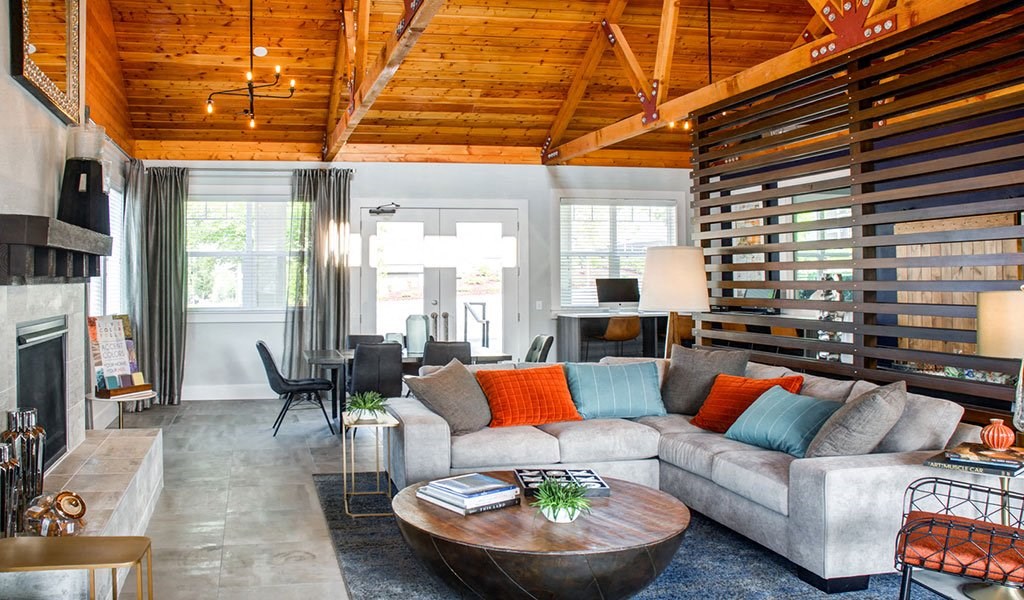 a living room with a couch and a coffee table