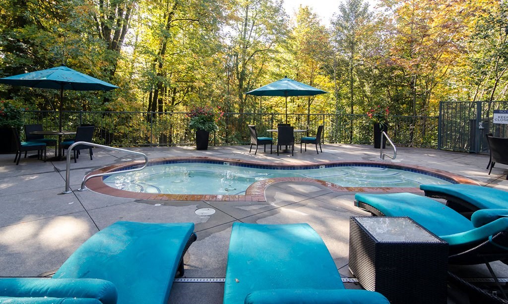 a pool with turquoise chairs and umbrellas in a backyard with trees
