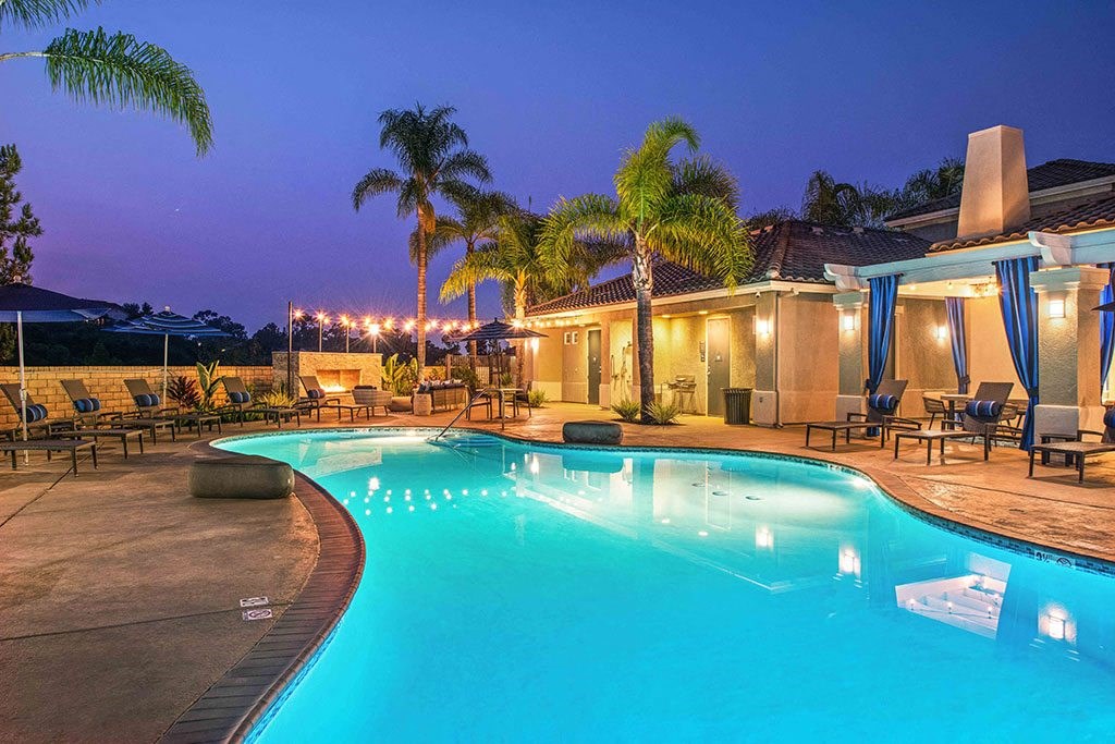 a swimming pool with palm trees at night