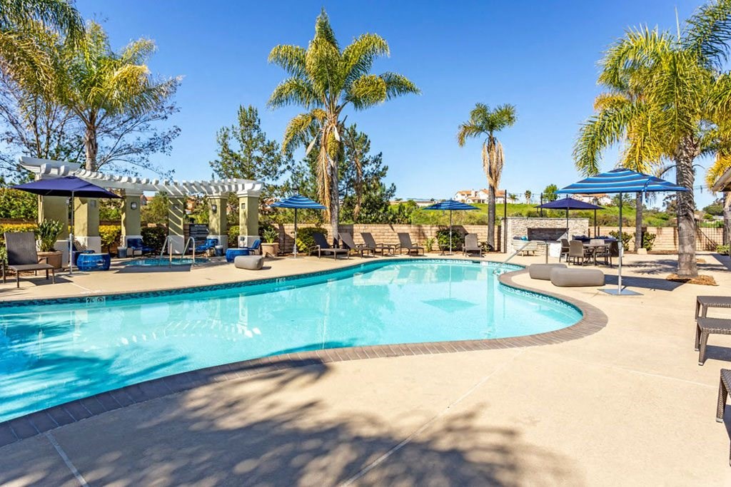 Apartments in Mira Mesa - Sofi Highlands Pool with Lounge Chairs and Umbrellas