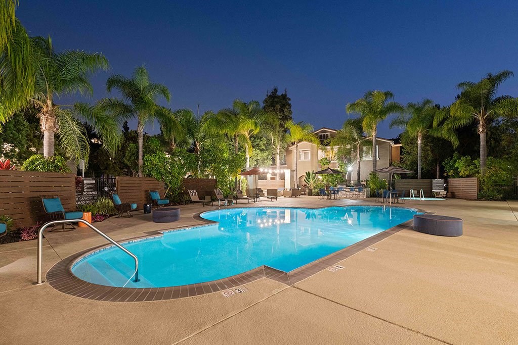 a swimming pool with palm trees around it at night