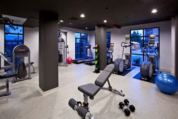 High-tech fitness center with plasma TVs