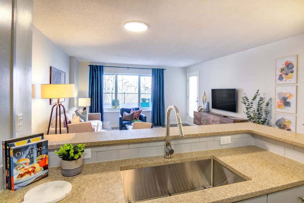 a kitchen with a sink and a view of a living room