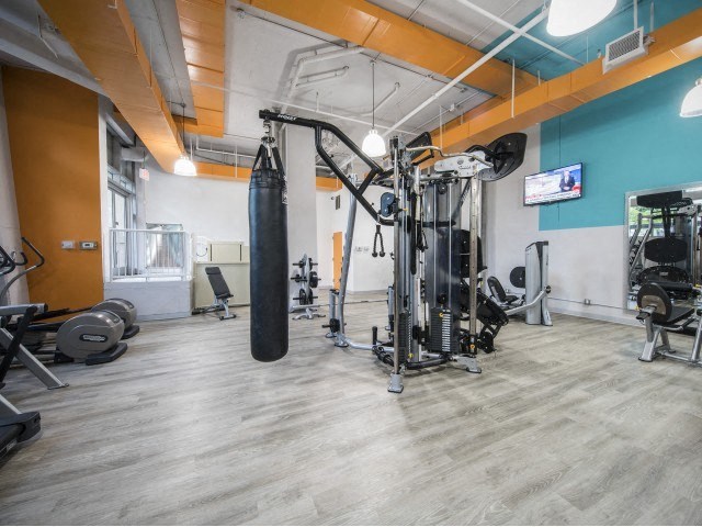 a gym with weights and a punching bag