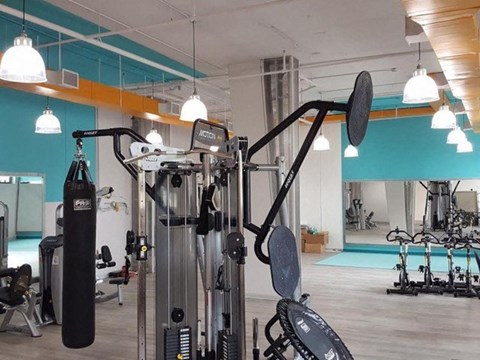 a gym with weights and other equipment in it