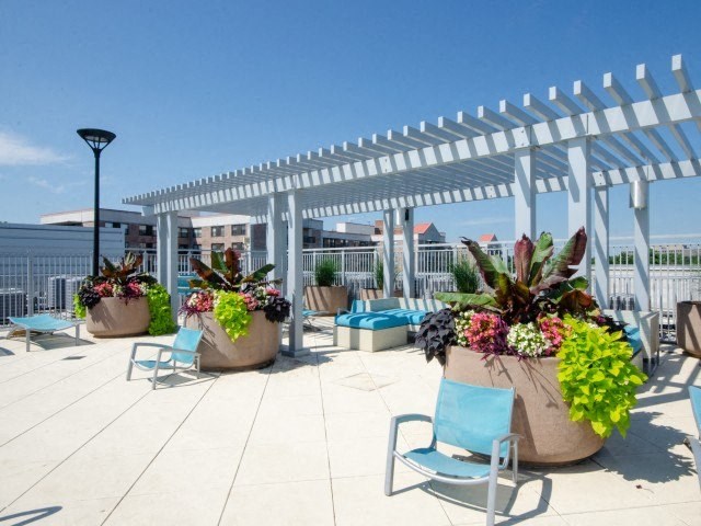 a roof top patio with chairs and potted plants
