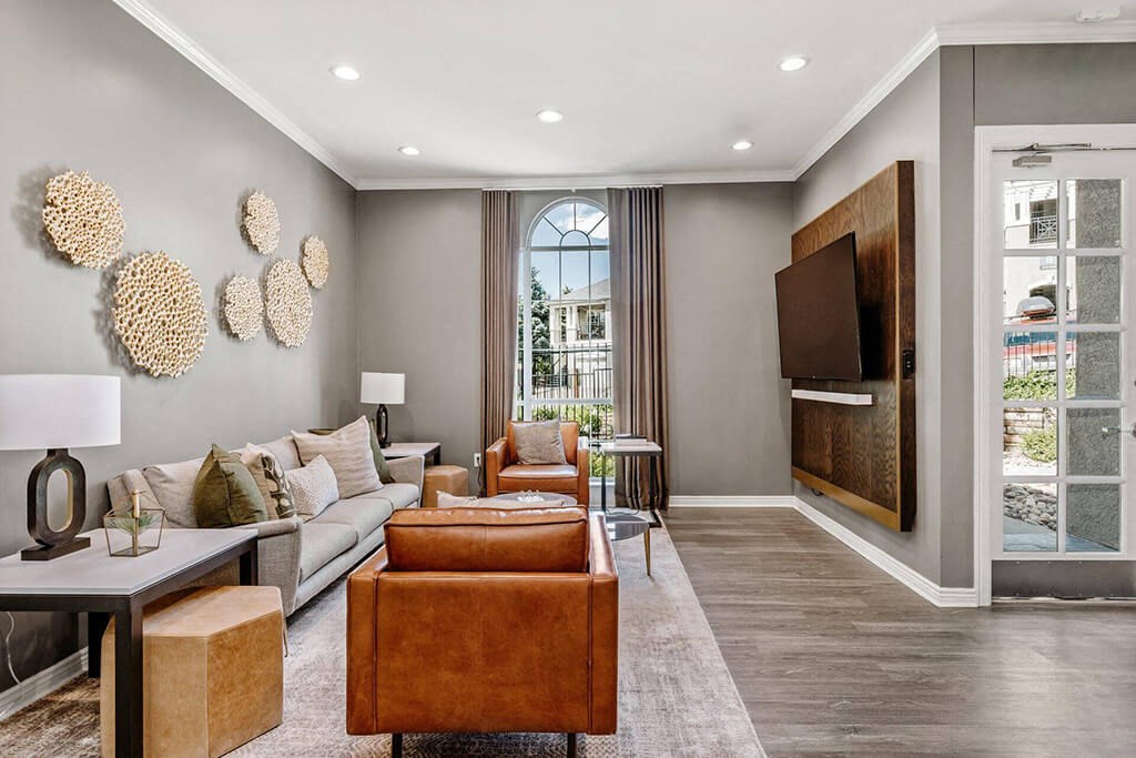 a living room with a couch and a television