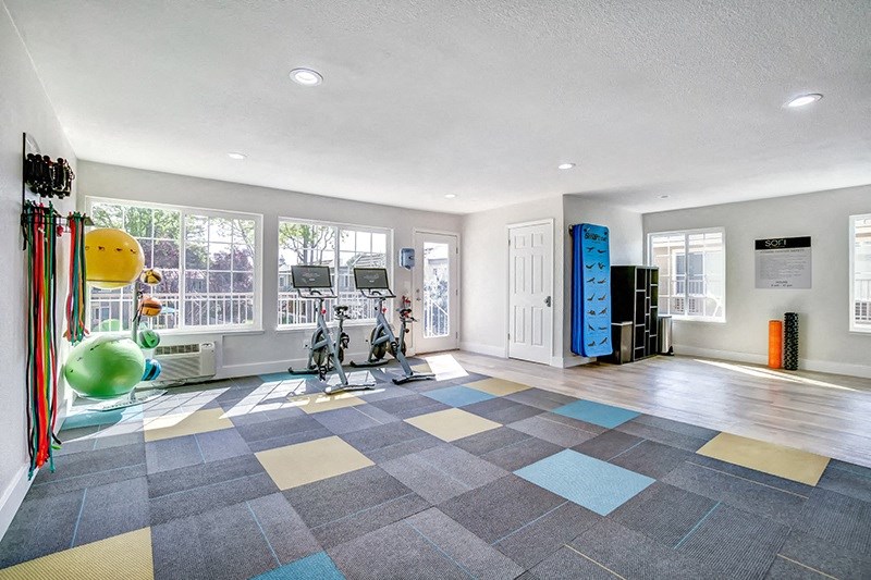 a workout room with weights and cardio equipment in a home gym