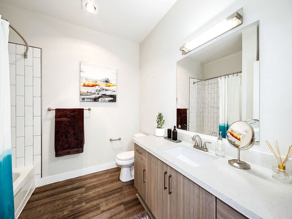 a bathroom with a large mirror and a toilet