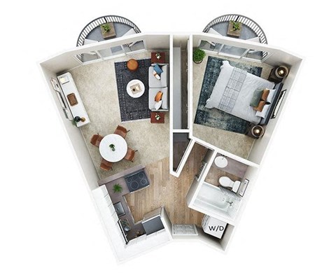 1 Bedroom 1 Bath 3D floor plan