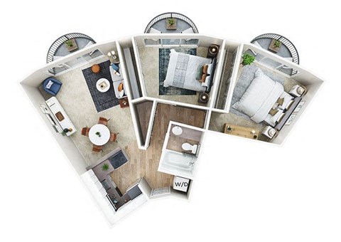 2 Bedroom 1 Bath 3D floor plan