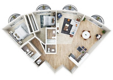 2 Bedroom 2 and half bath 3D floorplan