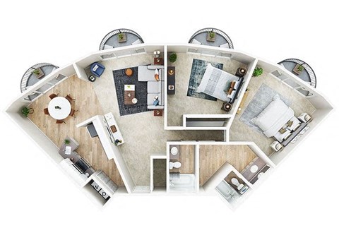 2 Bedroom 2 and half bath 3D floorplan