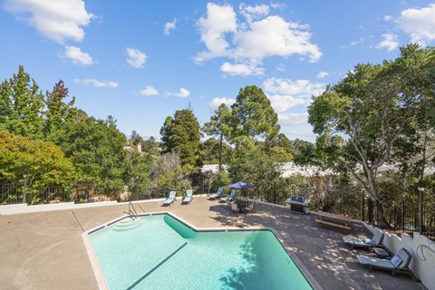 a swimming pool with chairs around it and trees in the background